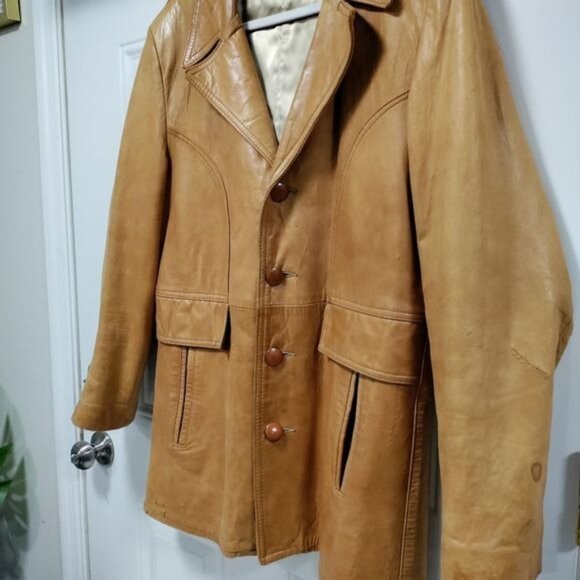 Vintage 70's Mens Butter Soft Tan Leather Blazer M - Picture 5 of 16